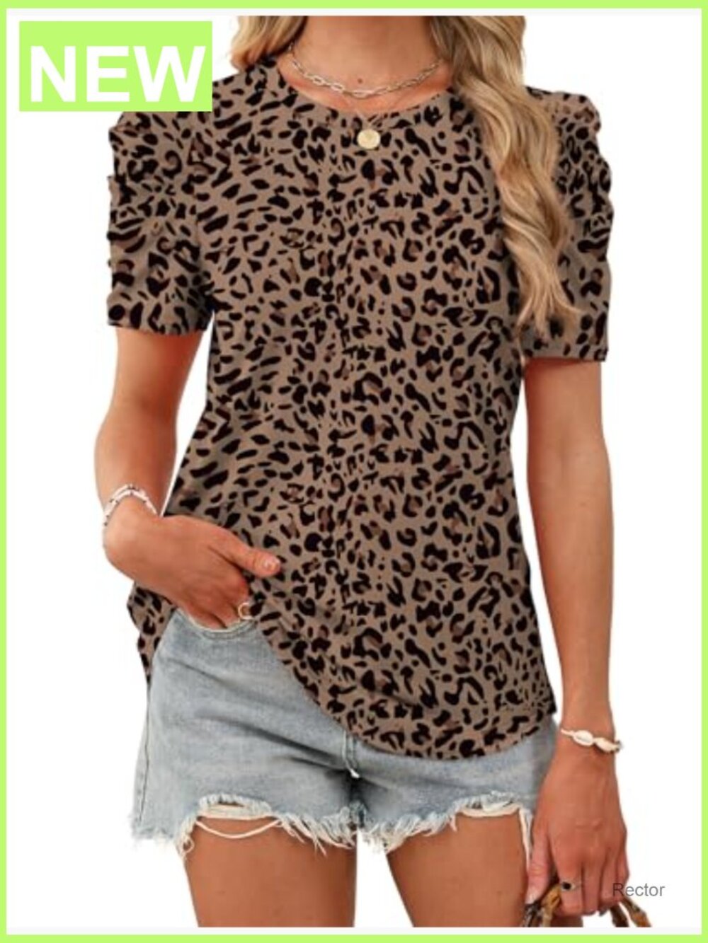 Women's Puff Sleeve Crewneck T-Shirt Blouse Spring Outfit - Picture 3 of 7